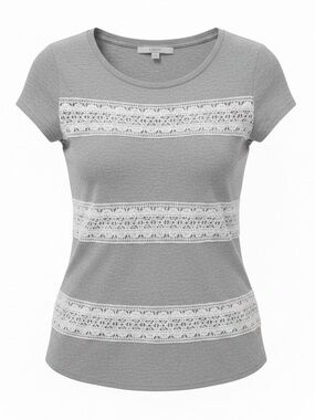 LOFT Gray Short Sleeve Knit Top with White Lace Stripes